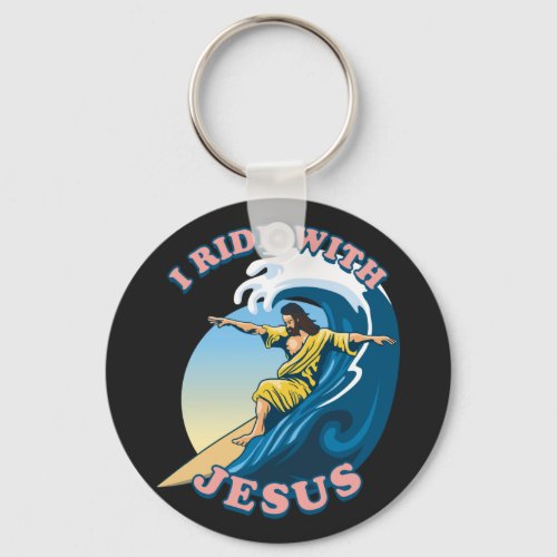 Ride With Jesus  Surfing Jesus Illustration Keychain