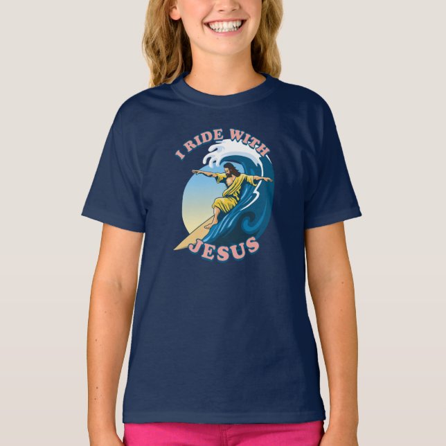  Ride With Jesus | Surfing Jesus Illustration T-Shirt (Front)
