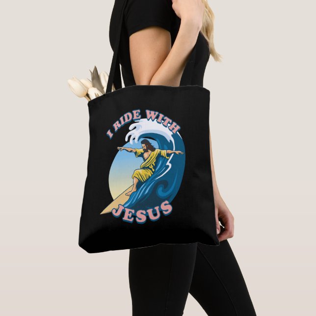  Ride With Jesus | Surfing Jesus Illustration Tote Bag (Close Up)