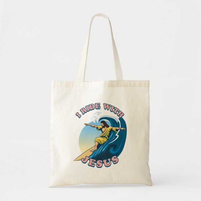  Ride With Jesus | Surfing Jesus Illustration Tote Bag (Front)