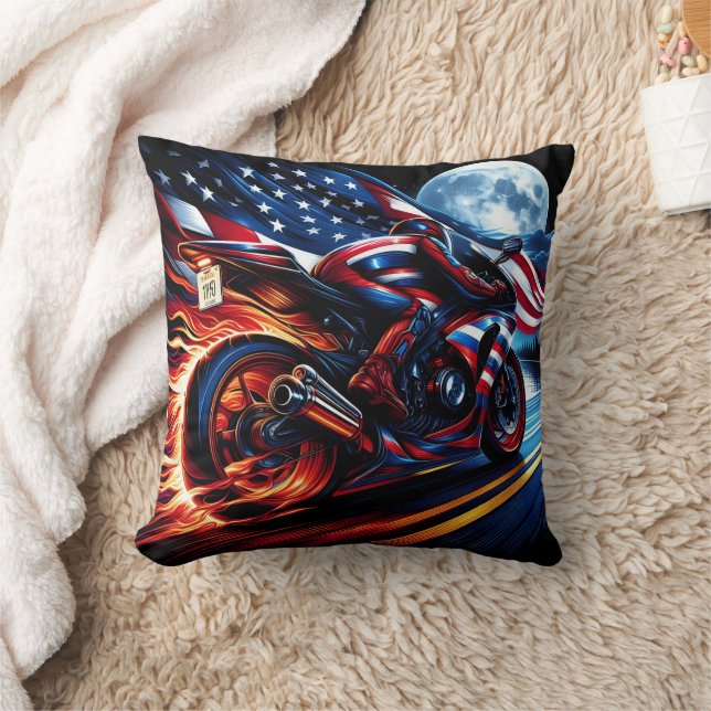 Rider blazing down the highway with American pride Throw Pillow (Blanket)