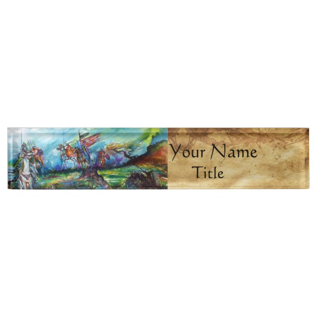 RIDERS IN THE STORM Medieval Knights Horseback Desk Name Plate (Front)