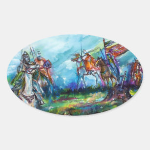 RIDERS IN THE STORM Medieval Knights Horseback Oval Sticker