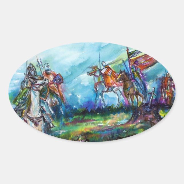 RIDERS IN THE STORM Medieval Knights Horseback Oval Sticker (Front)