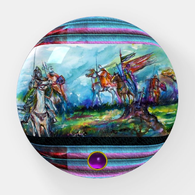 RIDERS IN THE STORM Medieval Knights Horseback Paperweight (Front)