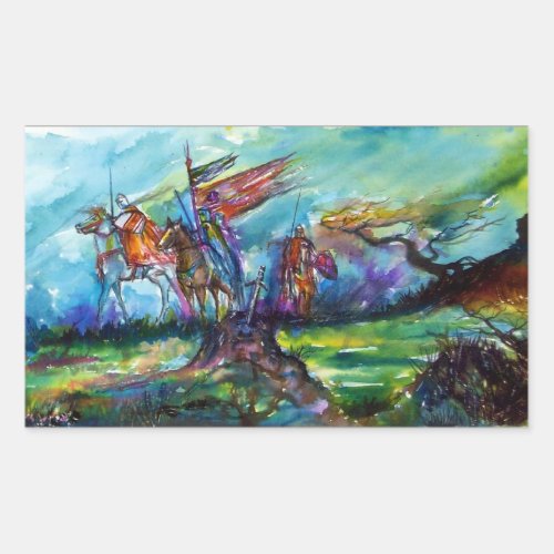 RIDERS IN THE STORM Medieval Knights Horseback Rectangular Sticker