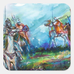 RIDERS IN THE STORM Medieval Knights Horseback Square Sticker