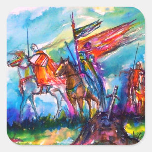 RIDERS IN THE STORM Medieval Knights Horseback Square Sticker