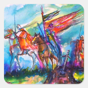 RIDERS IN THE STORM Medieval Knights Horseback Square Sticker
