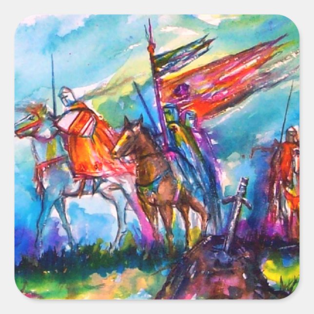 RIDERS IN THE STORM Medieval Knights Horseback Square Sticker (Front)