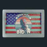Ridin' With Biden Eating Ice-Cream Retro Sunset Belt Buckle<br><div class="desc">A funny distressed design of Amtrak Joe in aviator sunglasses, licking ice-cream like a boss. This is a great look for 46 supporters, workers, tax payers, progressives, voters, college students, or anyone who loves President Biden. You can personalize this design with a monogram, name, or other text and images. Contact...</div>