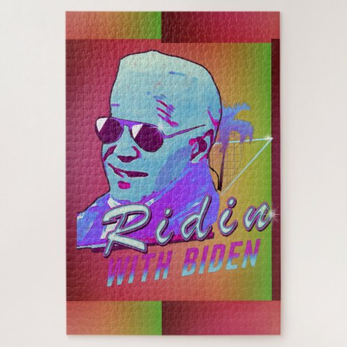 Ridin With Biden Synthwave Outrun Retro Palm Tree Jigsaw Puzzle