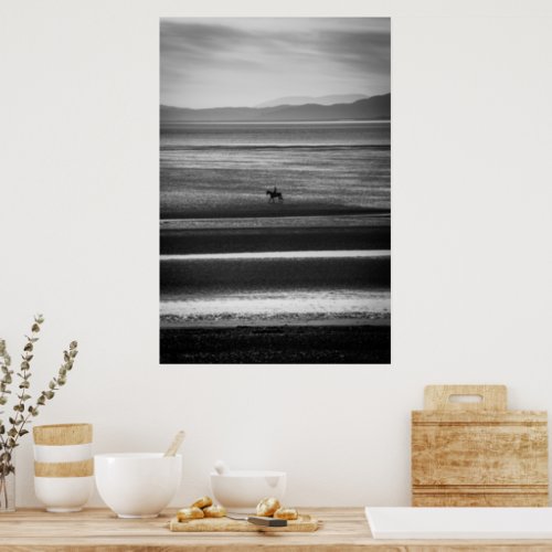 Riding A Horse On The Beach Black And White Poster