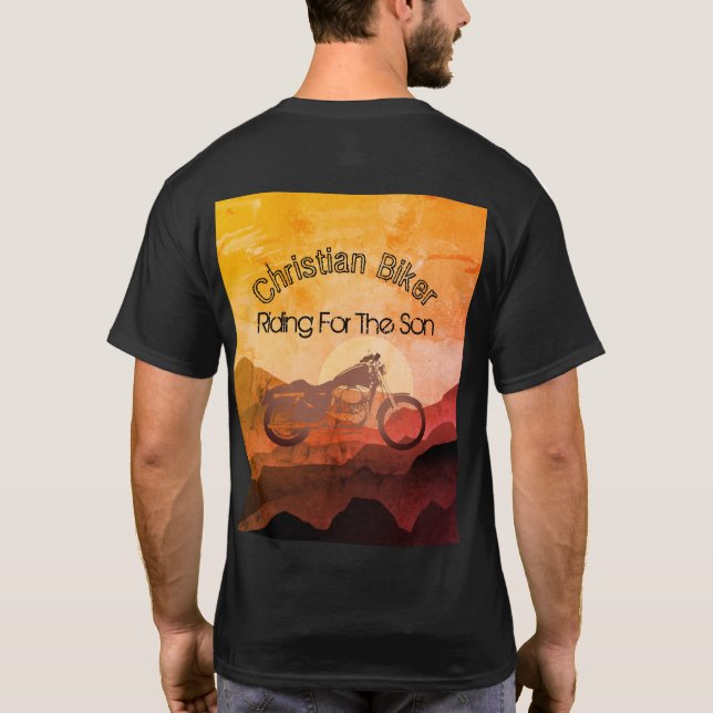Riding For The Son Retro Sunset Christian Biker T-Shirt (Back)