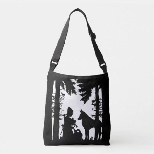 Riding Hood Black Silhouette on White Forest Wolf Crossbody Bag