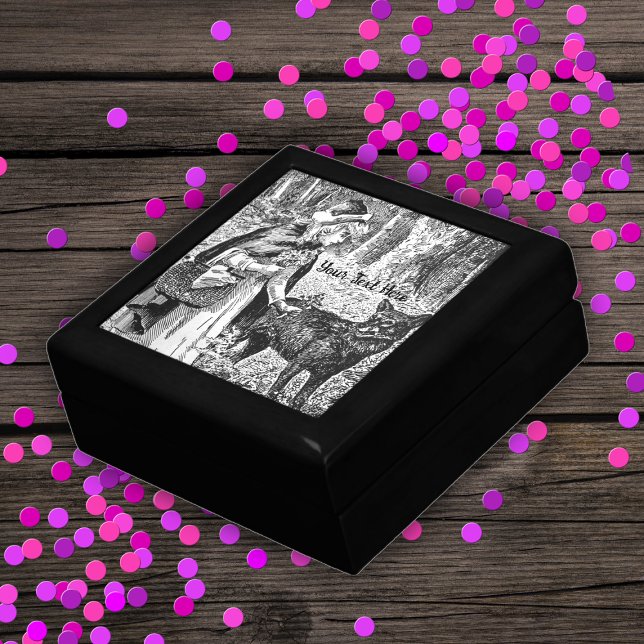 Riding Hood Flowers for Wolf Black White Drawing Gift Box (Vintage Riding hood giving flowers to wolf black white drawing on wood gift box.)