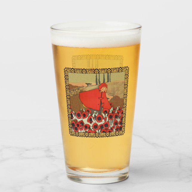 Riding Hood Picking Red Flowers Wolf on Hill Glass (Front Filled)