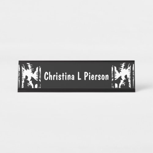 Riding Hood Under Trees With Wolf Black White Desk Name Plate