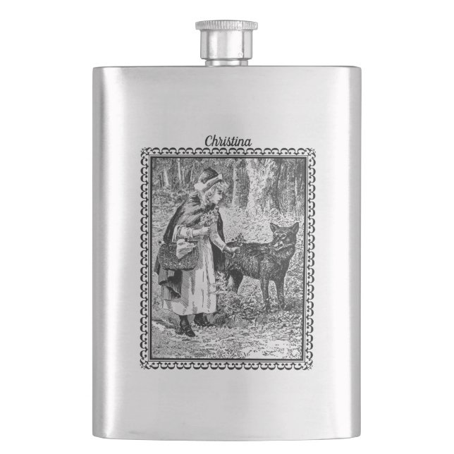 Riding Hood Wolf Fairy Tale Black White Framed Flask (Front)