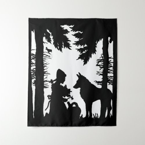 Riding Hood Wolf in black and white in Forest Tree Tapestry
