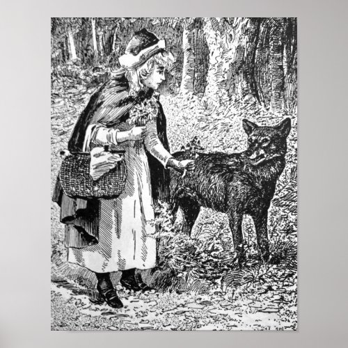 Riding Hood Wolf in Forest Illustration Poster