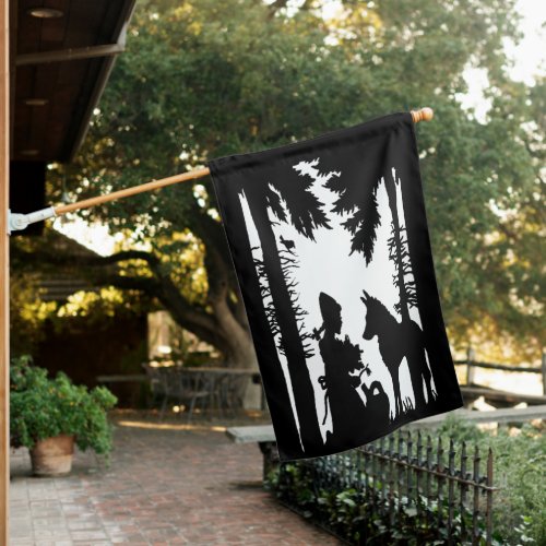 Riding Hood Wolf in Forest Under Trees Silhouette House Flag