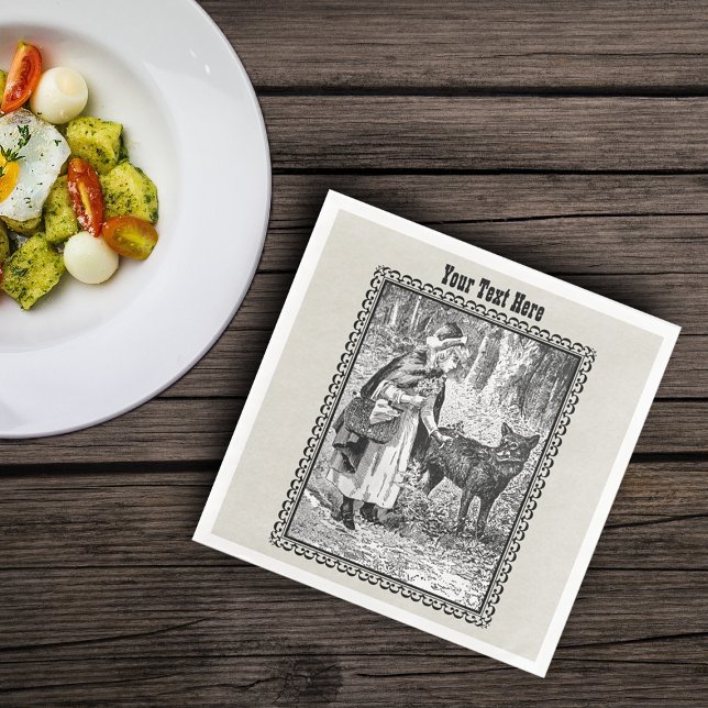 Riding Hood Wolf Talking in Woods Black White Paper Dinner Napkins (Little red riding hood black white drawing with wolf in black frame on paper party napkins.)
