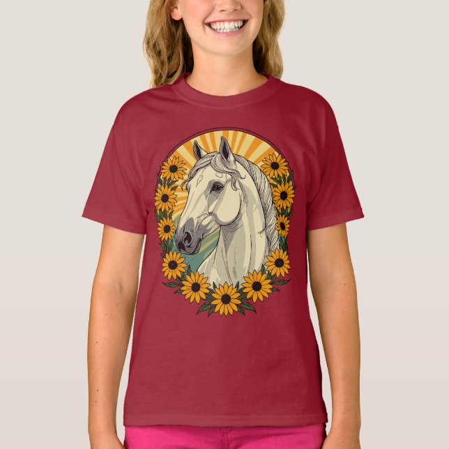 Riding Horse And Black Eyed Susan Flowers T-Shirt (Front)