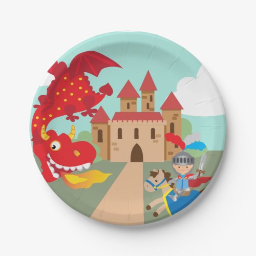 Riding Knight and Red Flying Dragon Paper Plates