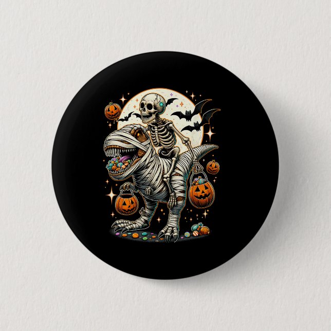 Riding Mummy Dinosaur T Rex Kids Boys Men Hallowee Button (Front)