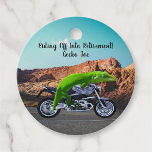 Riding Off Into Retirement Custom Gecko Motorcycle Favor Tags