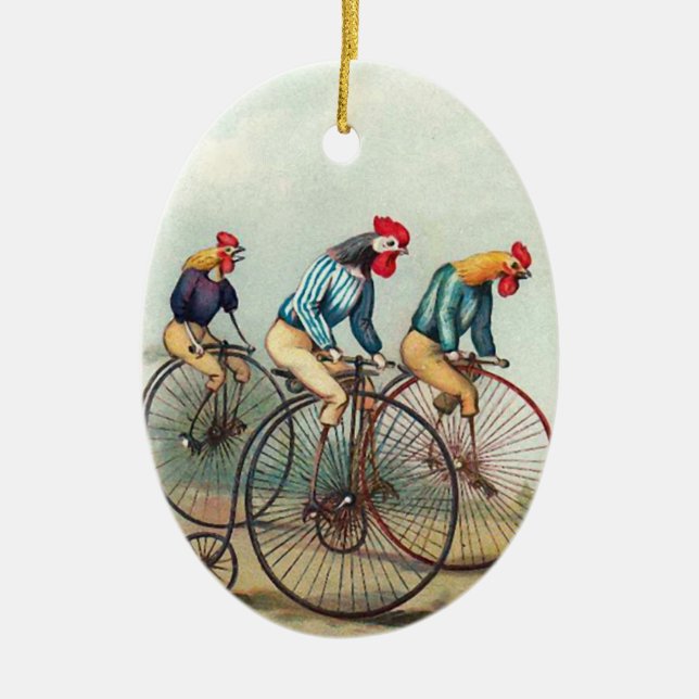 Riding Roosters Ceramic Ornament (Front)