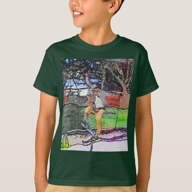 Riding the Rails - Cartoon Skateboarder Design T-Shirt (Front)