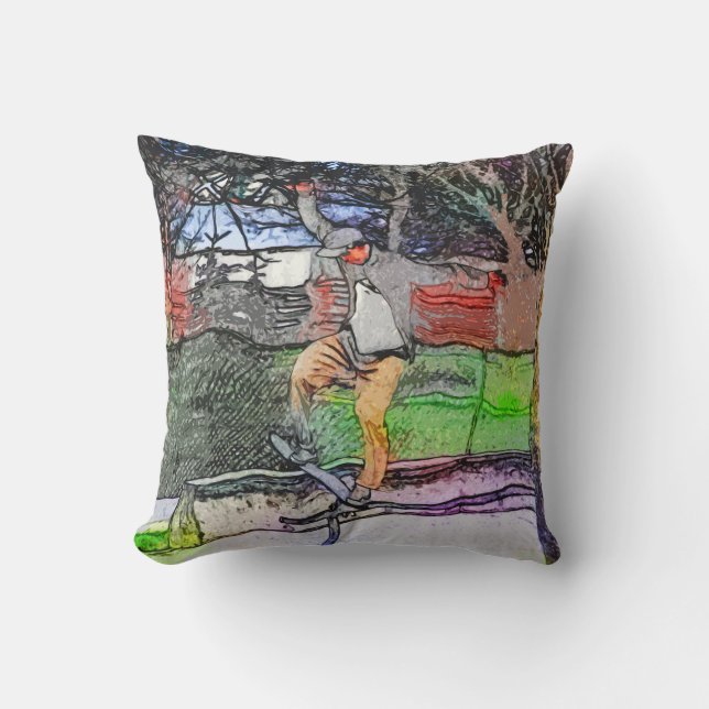 Riding the Rails - Cartoon Skateboarder Design Throw Pillow (Front)