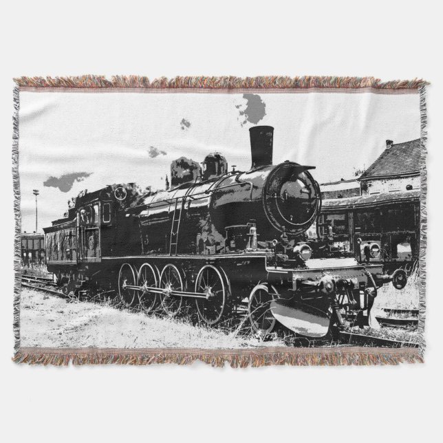 Riding the Rails - Vintage Steam Train Throw Blanket (Front)