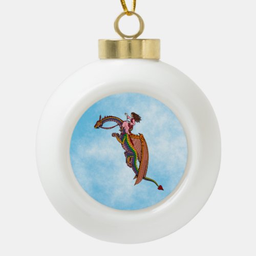 Riding the Rainbow Dragon Ceramic Ball Christmas Ornament
