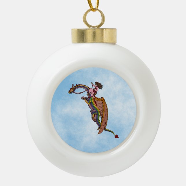 Riding the Rainbow Dragon Ceramic Ball Christmas Ornament (Front)