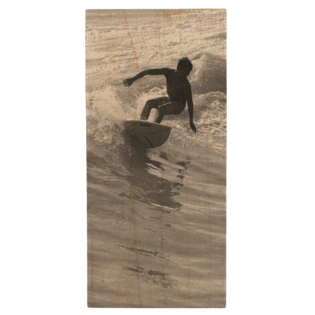 Riding The Wave Grayscale Wood USB Flash Drive (Front Vertical)