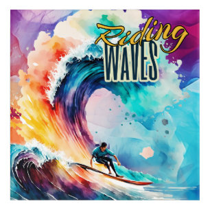 Riding Waves, Surfer in Colorful Ocean, Sporting Acrylic Print