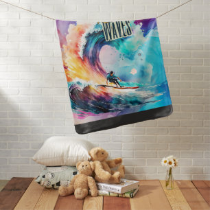 Riding Waves, Surfer in Colorful Ocean, Sporting Baby Blanket