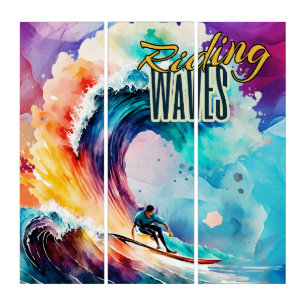Riding Waves, Surfer in Colorful Ocean, Sporting Triptych