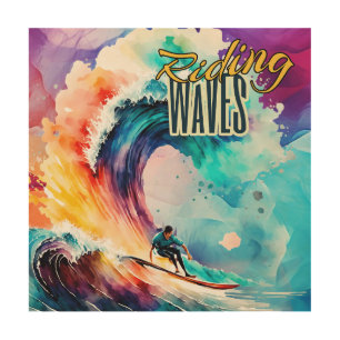 Riding Waves, Surfer in Colorful Ocean, Sporting Wood Wall Art