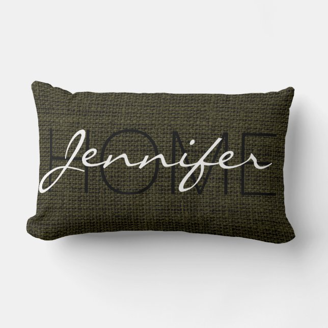 Rifle green Burlap Rustic Monogram Lumbar Pillow (Front)