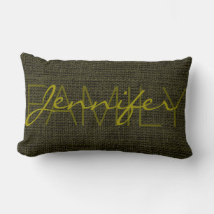 Rifle green Rustic Burlap Monogram Lumbar Pillow