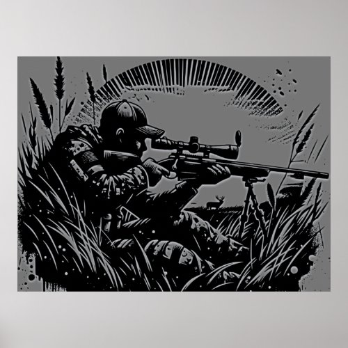 Rifle Hunting Fanatics Grey and Black  Poster
