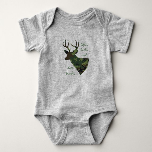 Rifles, Racks and Deer Tracks Camouflage Hunting Baby Bodysuit (Front)