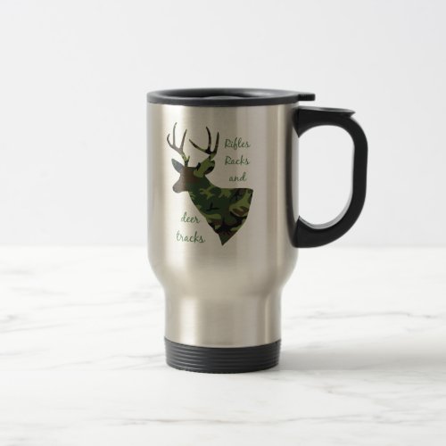 Rifles Racks and Deer Tracks Camouflage Hunting Travel Mug