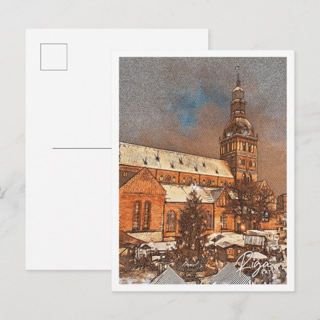 Riga Latvia Color Pencil City Landscape Postcard (Front/Back)
