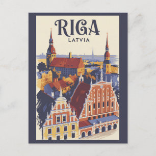 Riga Latvia Illustration Travel Art Vintage Postcard