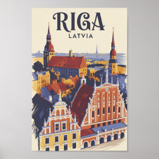 Riga Latvia Illustration Travel Art Vintage Poster